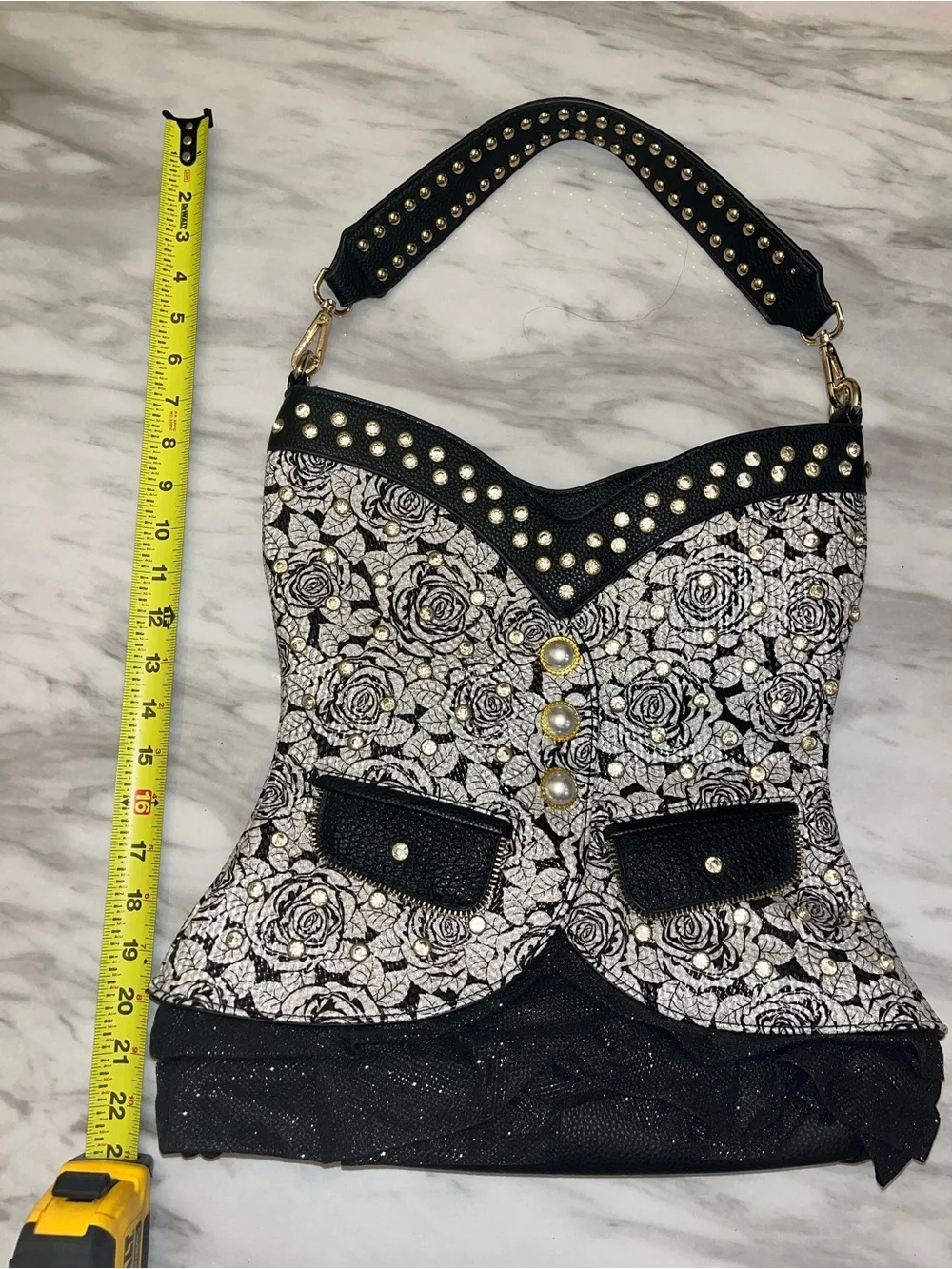 Black & White Rose Studded Corset-Style Shoulder Bag - Picture 12 of 13